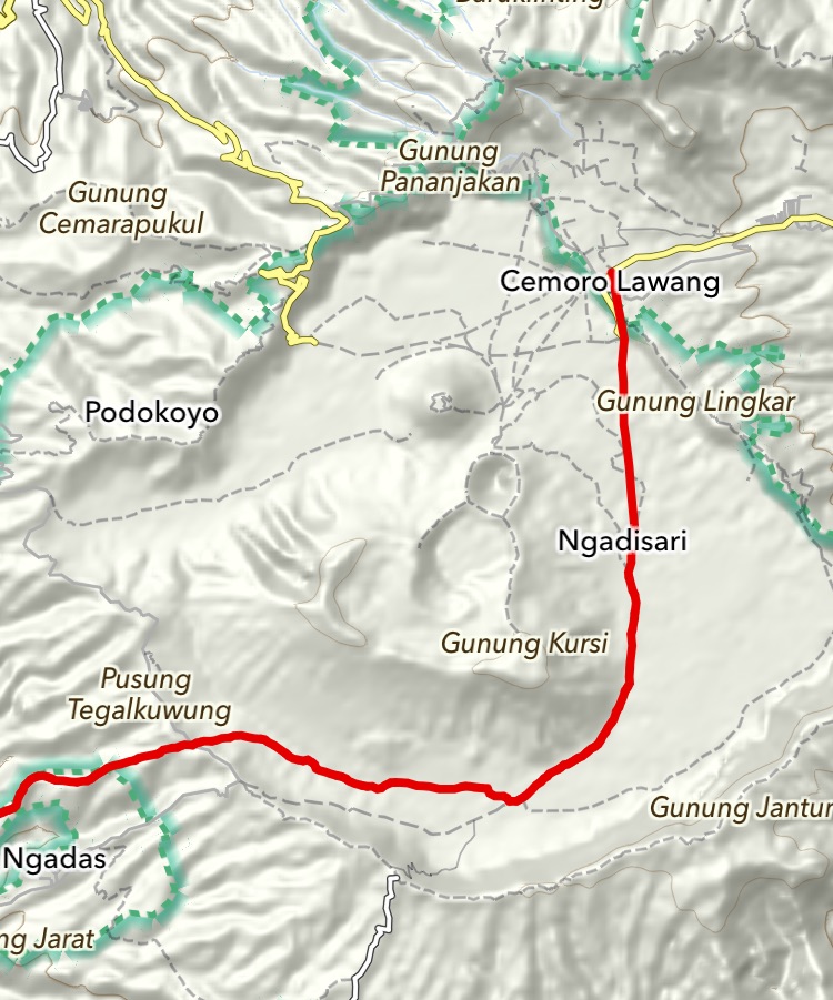 Plan de la mer de sable avec le chemin en rouge pour rejoindre Cemoro Lawang